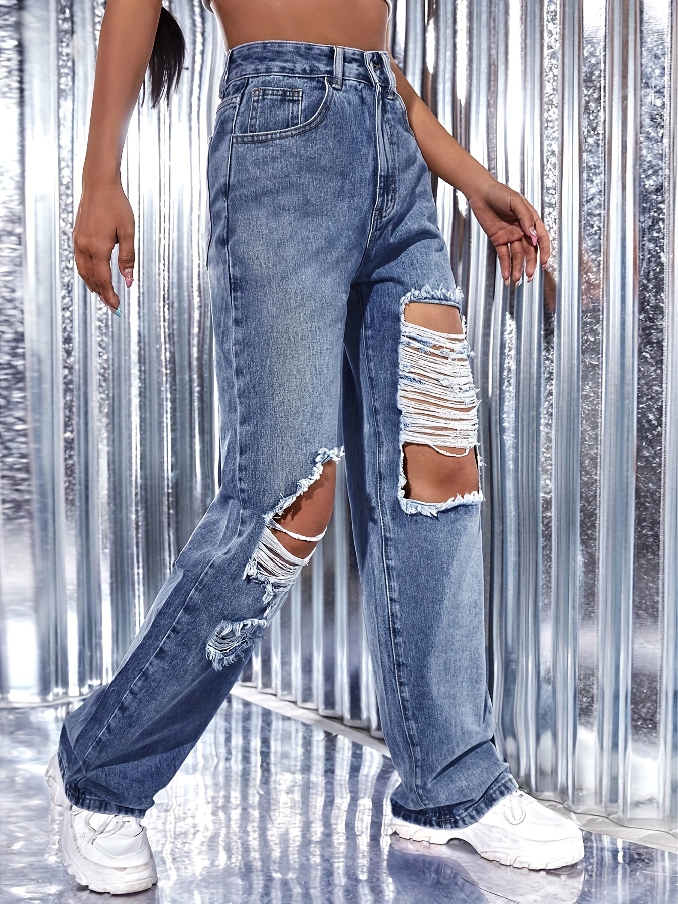 Ripped Knee Cut Wide Leg Jeans, Distressed High Rise Washed Blue Casual  Denim Pants, Women's Denim Jeans & Clothing