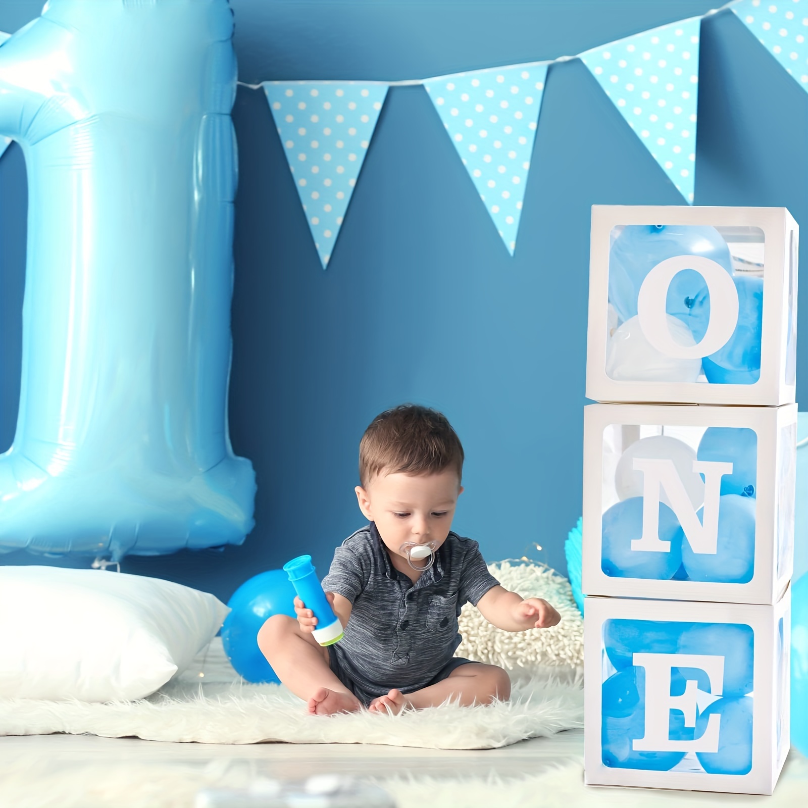 1st Birthday Decorations for Boys, 3Pcs One Boxes for 1st Birthday for Boy  or Girl with ONE and Two Letters for Photoshoot Props 1st Birthday  Party(Blue)