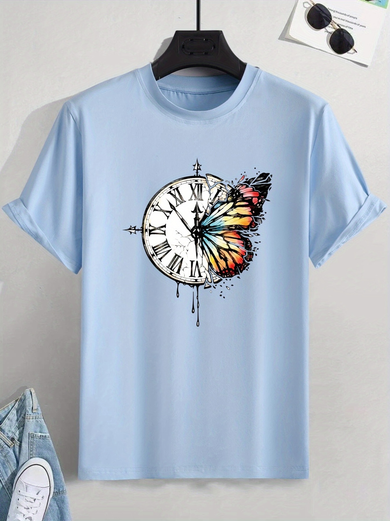 Clock And Butterfly Round Neck T Shirts Causal Cotton Tees Short