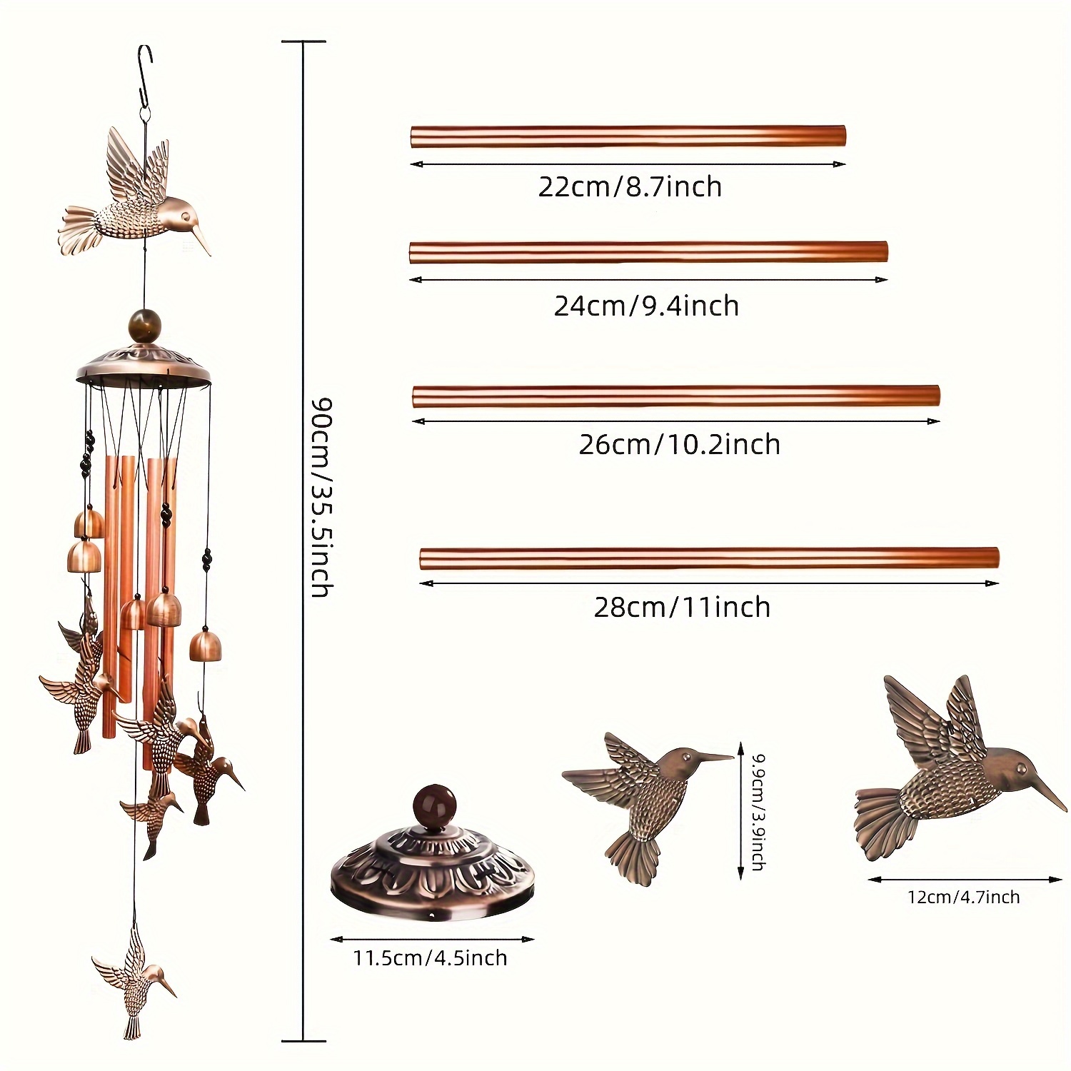 ハチドリ風チャイム1個、屋外用風チャイム4つのアルミニウムチューブと6つのベル付き、Sフック付きレトロメタルミュージックウィンドチャイム、ユニークなハチドリのギフト、屋内、屋外の庭、ポーチ、庭に吊るすことができます。