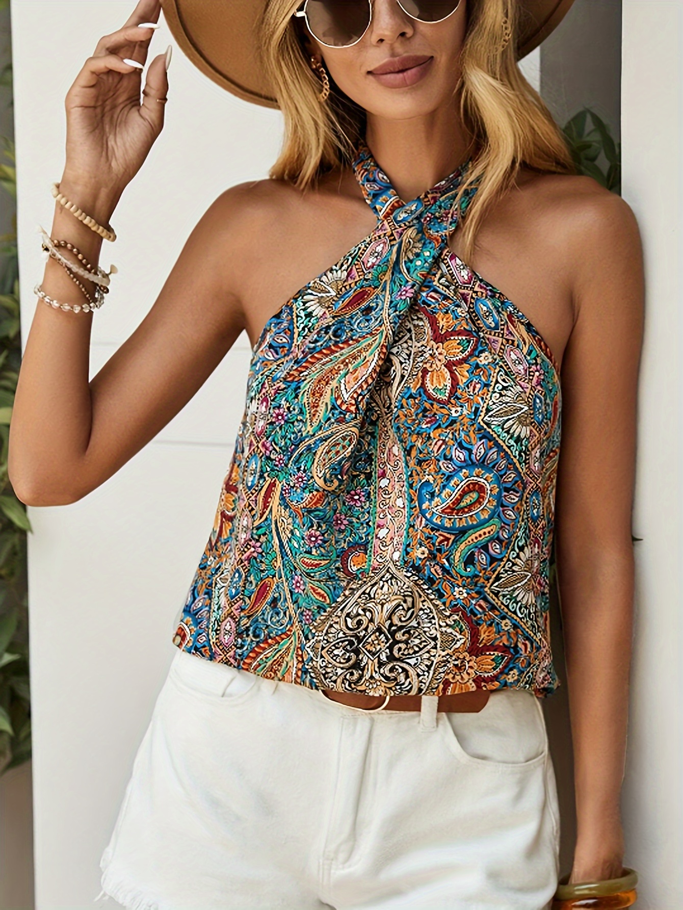 Geo Print Criss Cross Halter Top Elegant Sleeveless Summer - Temu Canada