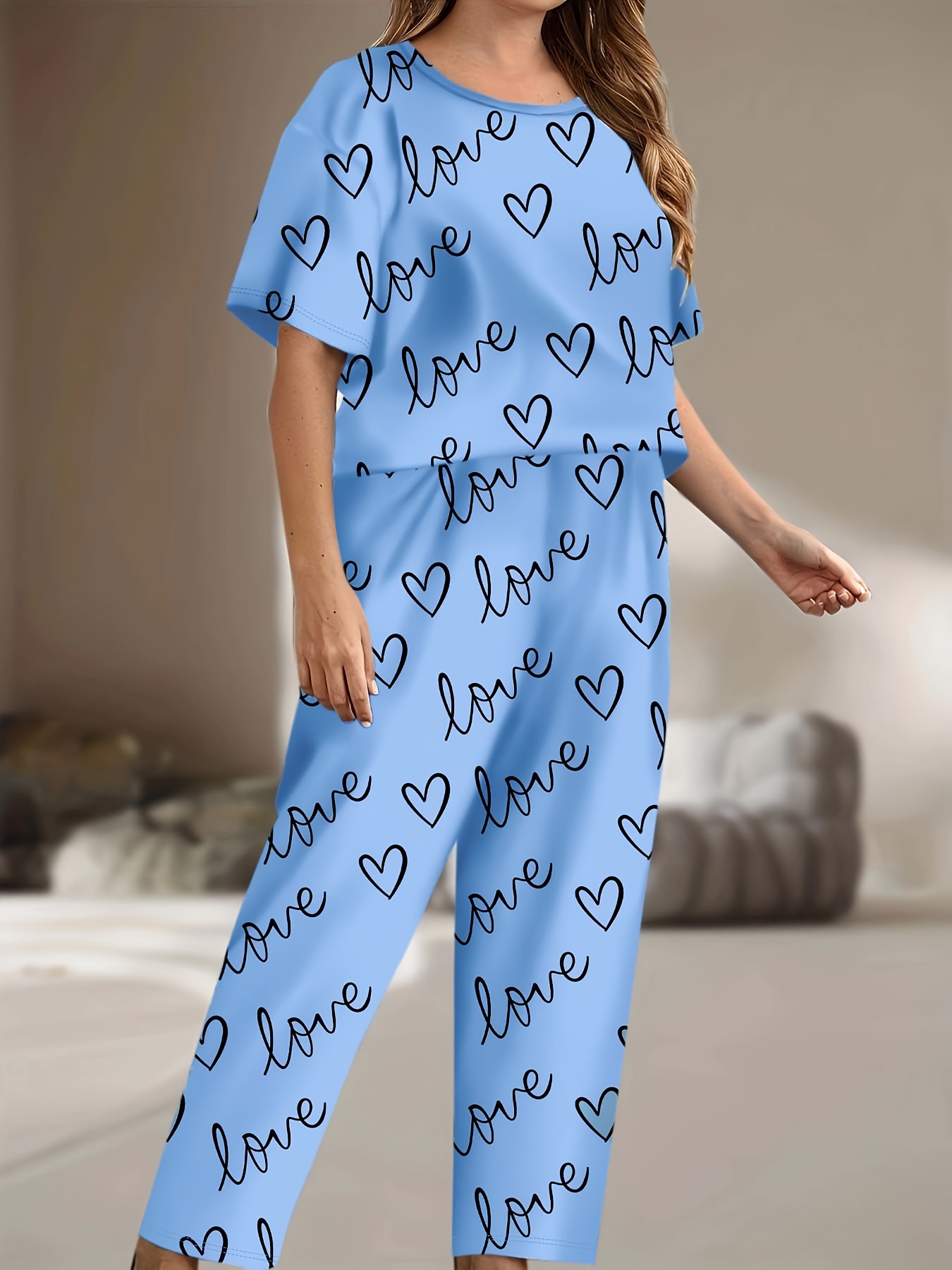 Plus Size Letter Print Short Sleeve T shirt Pants Pajama Set - Temu