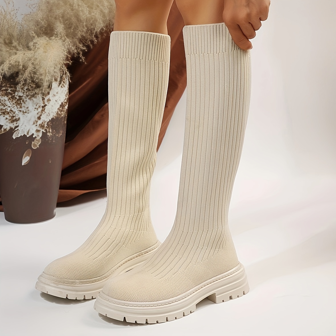 womens solid color minimalist boots slip on casual platform breathable boots mid calf elastic slim knitted boots details 0