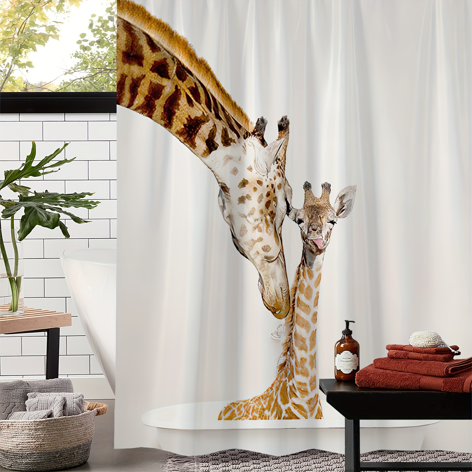 1pc Giraffe-Print Duschvorhang, Wasserdicht Und Schimmelresistent