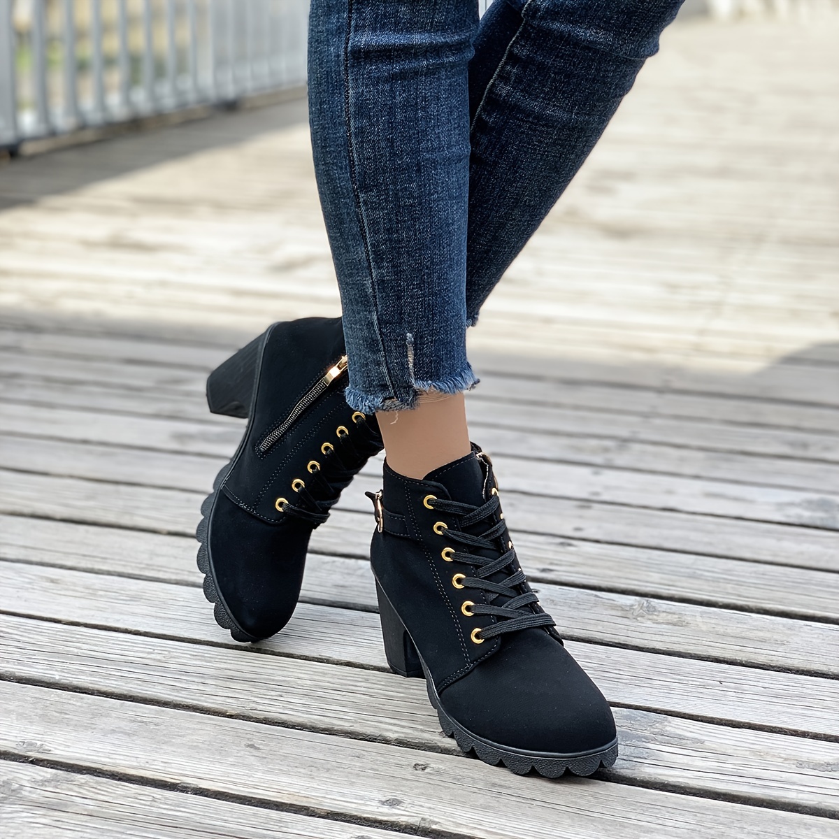 Women's Chunky Heeled Ankle Boots Solid Color Side Zipper - Temu