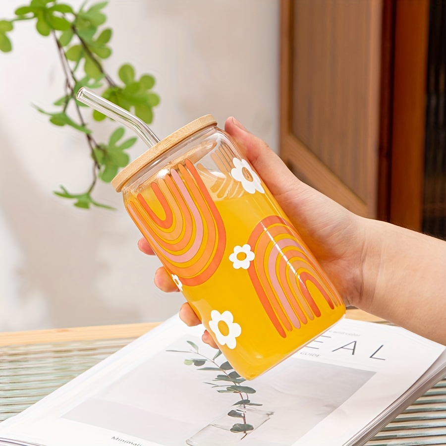 Ice Coffee Cup With Bamboo Lid And Glass Straw, Coffee Printed High  Borosilicate Glass Beer Can Shaped Cup, Halloween Gifts - Temu