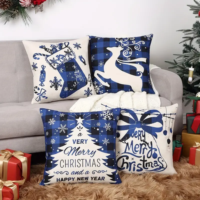 Christmas Linen Throw Pillow Case, Square Cushion Case, Decorative