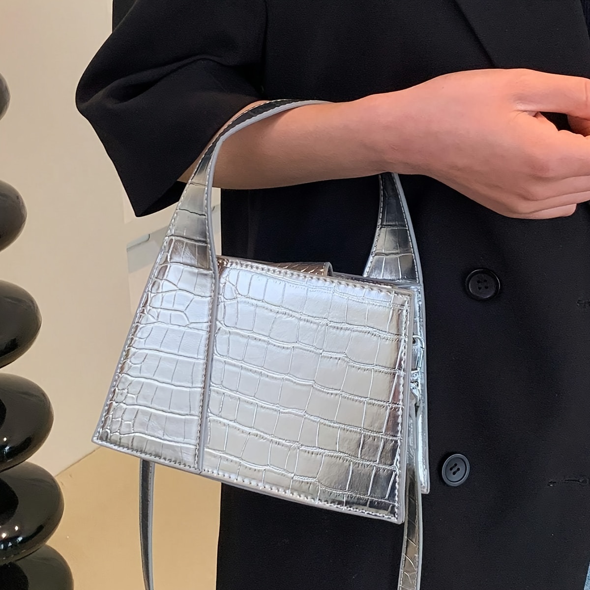 Luxurious Crocodile Print Synthetic Leather Handbag for Women - Golden Animal Print, Snap Button Closure, Synthetic Lining, Perfect for Formal & Casual Occasions