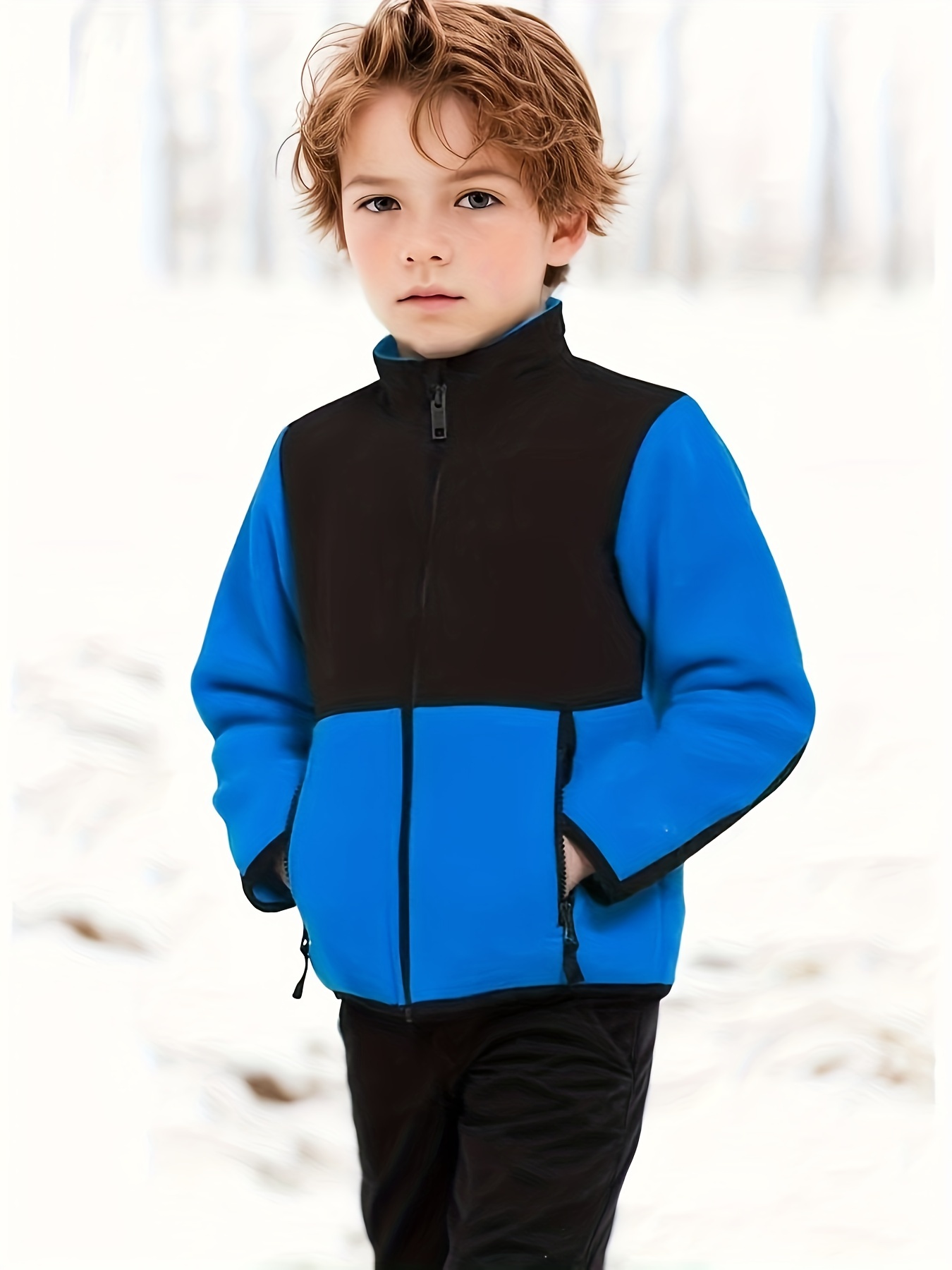 Kid's Stand Collar Polar Fleece Jacket, Color Clash Warm Zip Up