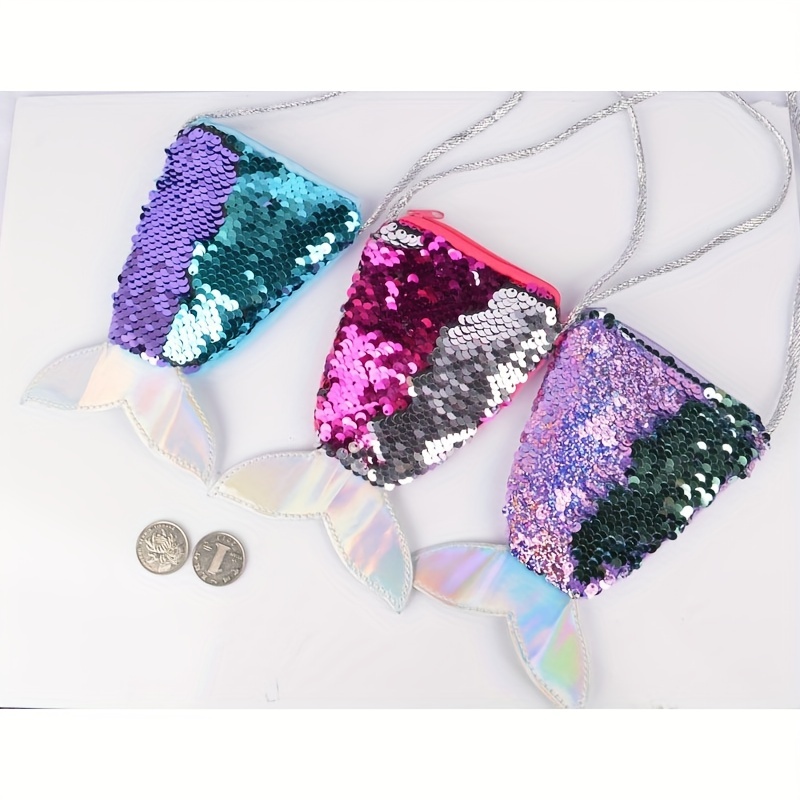 6pcs Borsa A Tracolla Piccola Con Paillettes A Coda Di Sirena Per Ragazze,  Portamonete A Forma Di Pesce Per Bambini, Borsa A Tracolla Con Cordino A Coda  Di Pesce Con Paillettes 