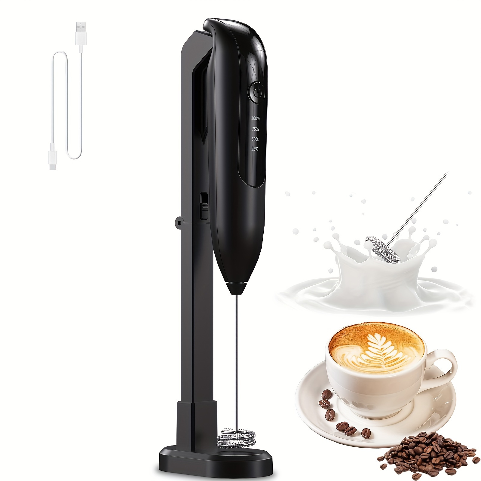 Espumador de leche recargable de mano, batidor eléctrico de café con 3  batidores de acero inoxidable, licuadora de espuma ajustable de 3  velocidades