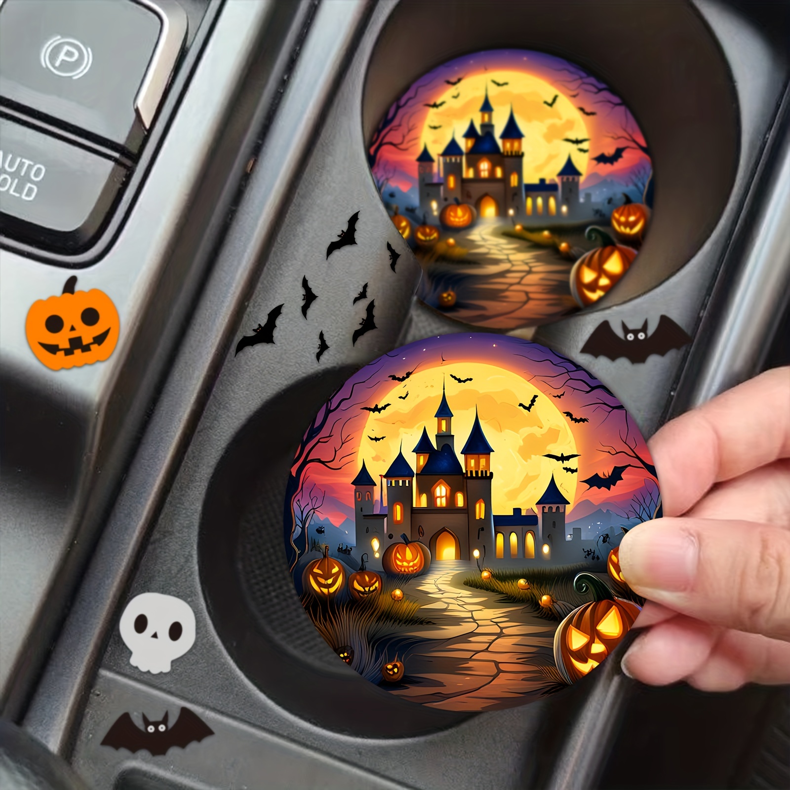 Halloween Cup Holder Coasters Car Unique Pumpkin Castle Car - Temu
