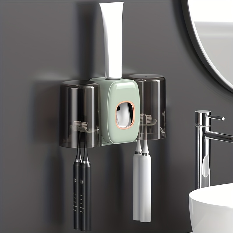 2 dispenser automatico di dentifricio montato a parete con coperchio  antipolvere, 4 porta spazzolino da denti, fornito con 2 supporti per  spazzolino