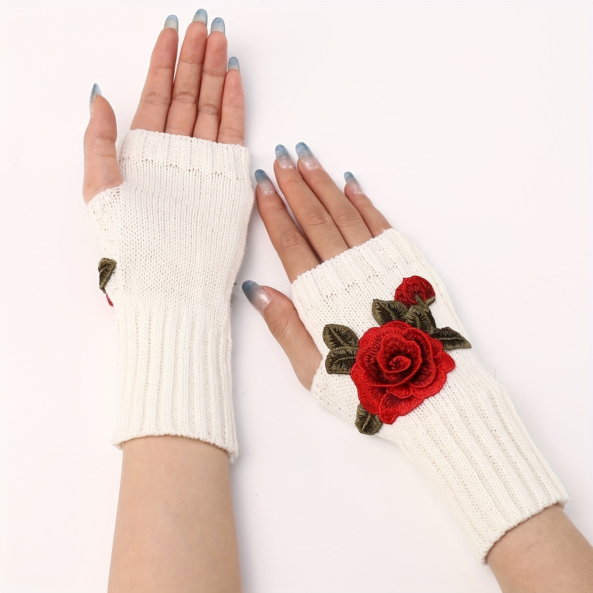 Love Heart Letter Embroidered Gloves Solid Color Half Finger - Temu