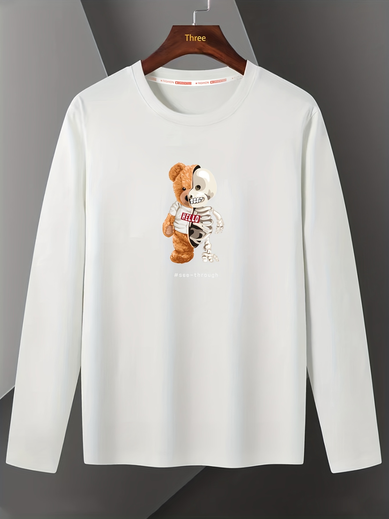 Teddy Bear Print T Shirt Long Sleeve Casual Top For Spring Fall