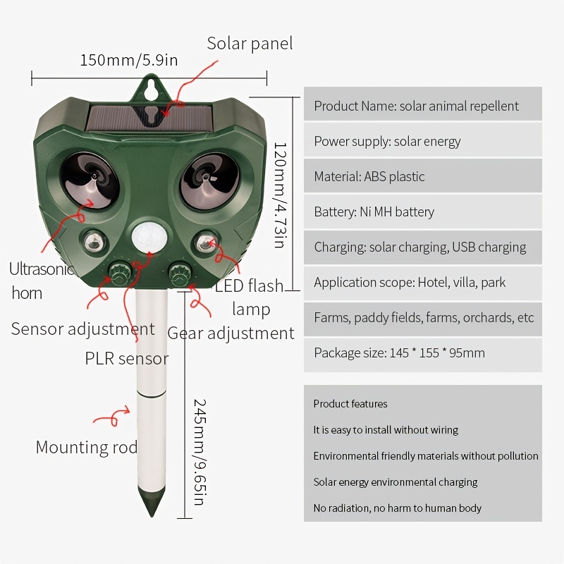 1pc ultrasonic cat repellent dog solar rechargeable animal deterrent with pir motion sensor squirrel scarer for garden pest control bird repeller details 6