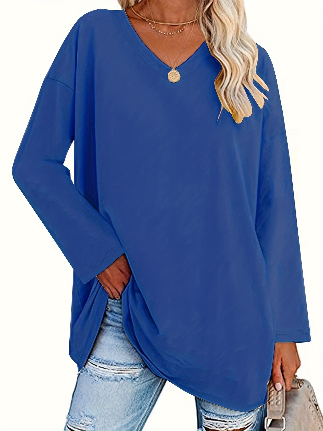  Womens Plus Size T Shirt V Neck Loose Fit Long Sleeve