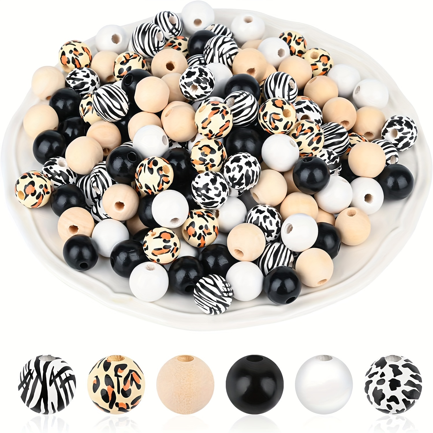 

60pcs 16mm/0.63in Leopard-print Cow Zebra Print Wooden Beads For Jewelry Making Diy Woodland Party Decors Accessories
