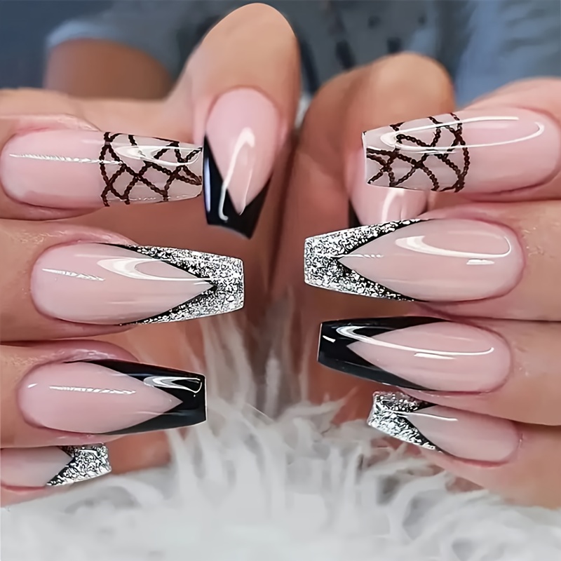 Glossy Coffin French False Nails With Black Tip And Heart Design - Medium  Length Fake Nails With Glitter - Full Cover Artificial Stick On Nails For  Women And Girls - Temu