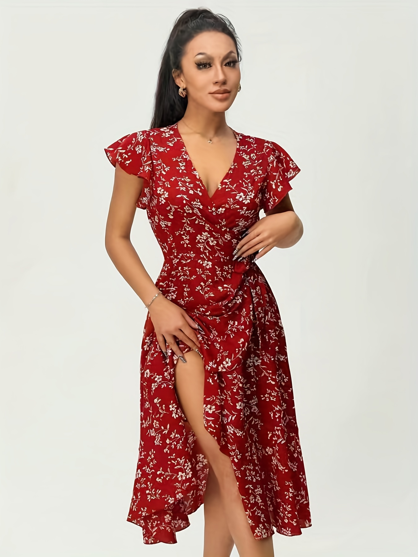 QIPOPIQ Clearance Women's Summer Dress Short Sleeve V-Neck Midi Floral  Print Elegant Dresses 