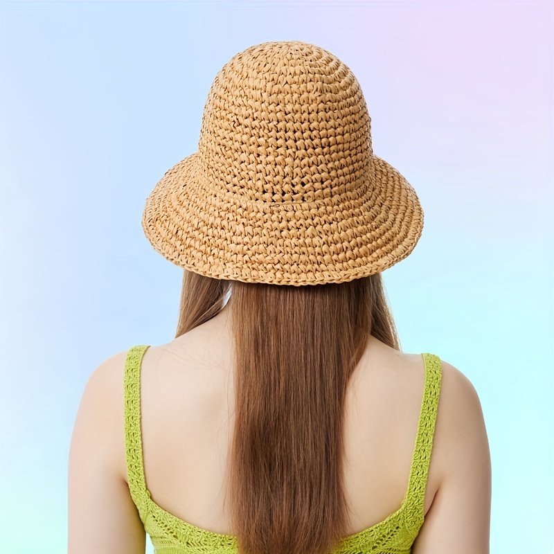 Straw Crochet Bucket Hat Brown Hollow Out Breathable Basin - Temu
