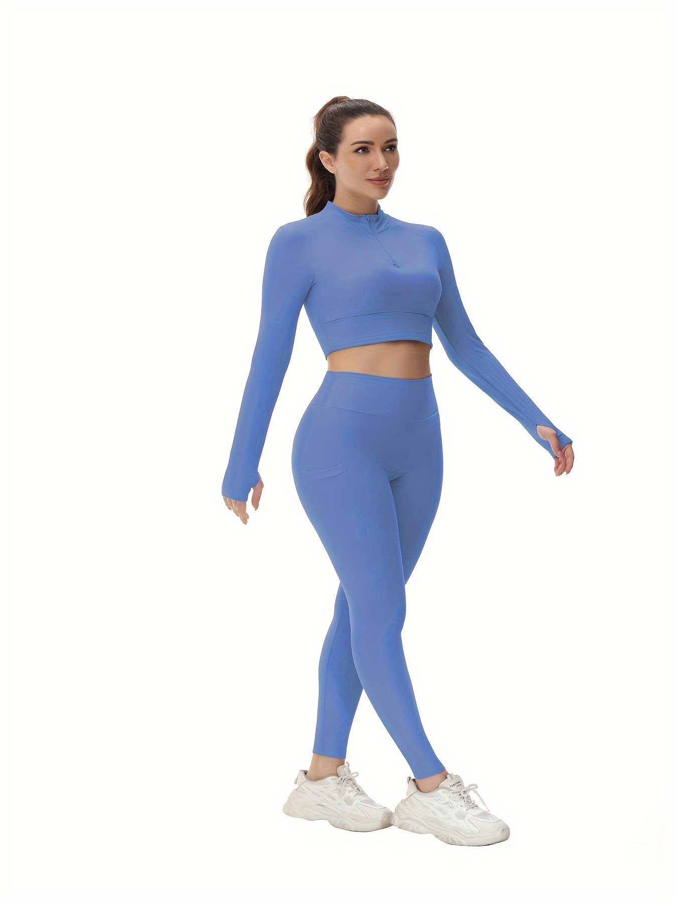 JDEFEG Yoga Clothes Set for Teen Girls Women 2Piece Activewear Workout Yoga  Set Long Sleeve Crop Top and High Waist Leggings Rubber Brick Polyester  Blue L 