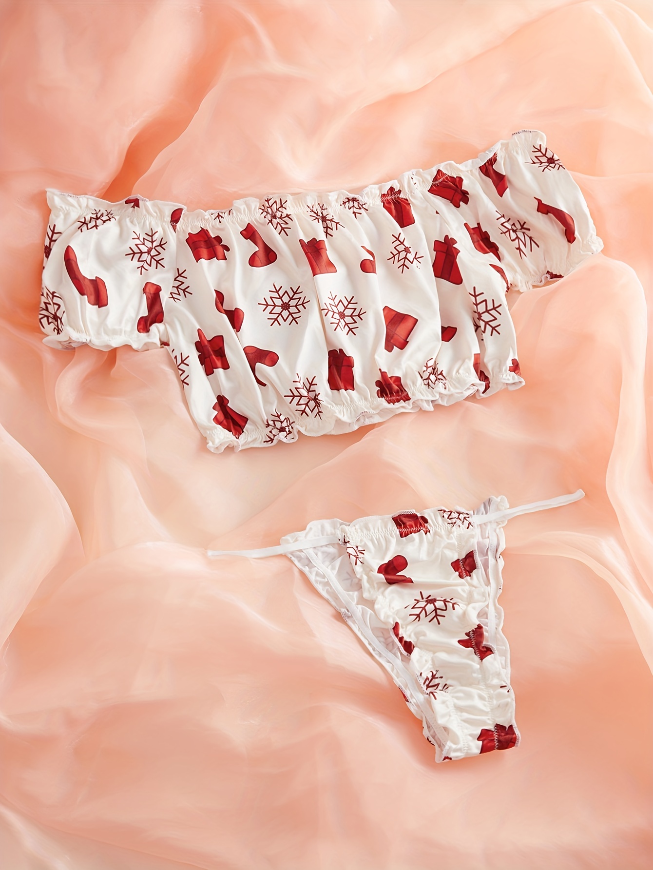 Christmas Print Lingerie Set Ruffle Crop Top Stretch Panties - Temu