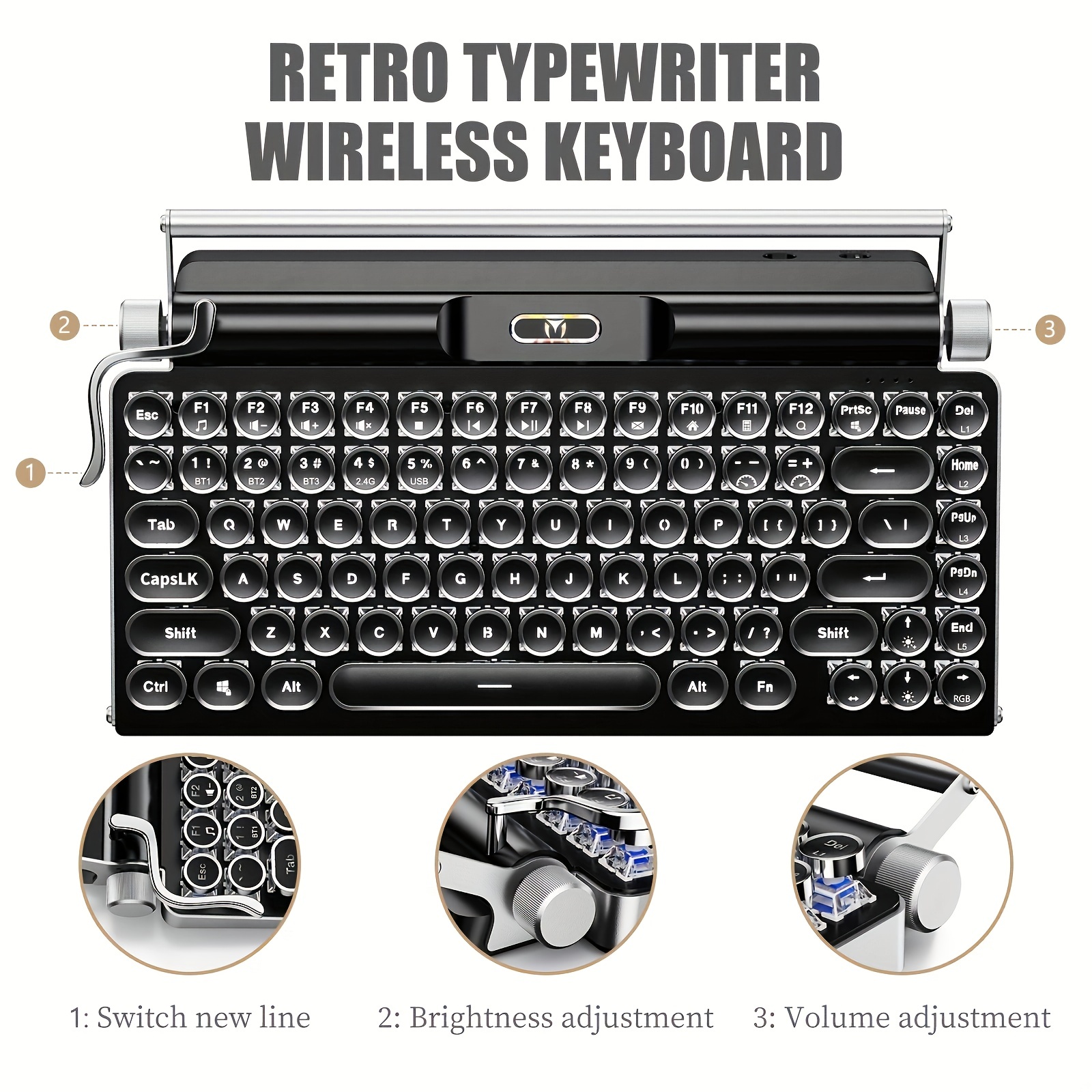 Teclado mecánico retro estilo máquina de escribir, retroiluminación LED, 83  teclas, Bluetooth 5.0, panel de color de madera de eje azul, compatible