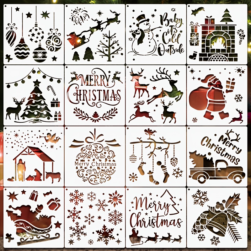 9pcs Merry Christmas Painting Stencils With Storage Metal Buckle, 5.9inch  Reusable Santa Claus, Deer, Christmas Tree, Gnome, Snowflake, Winter Theme S