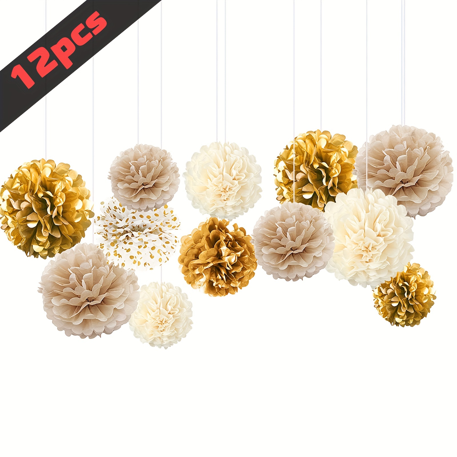 

12pcs White Golden Champagne Tissue Paper Poms For Birthday Graduation Décor Baby Shower Bridal Shower Prom Festival Decorations And Party Backdrop Decor Easter Gift