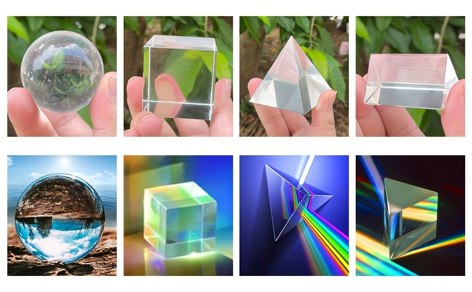 4pcs K9 Photographie de cristal optique comprenant un cube de cristal de 50  mm, un prisme de 50 mm, une boule de cristal de 55mm, une pyramide optique