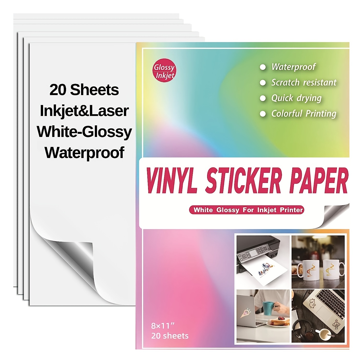  Sticker Paper for Inkjet Printer & Laser Printer, 60 Sheets  Printable Sticker Paper Matte White Waterproof Label, A4 Size 8.5x11 -  Holds Ink Well Quick Dry Vivid Colors Tear Resistant 