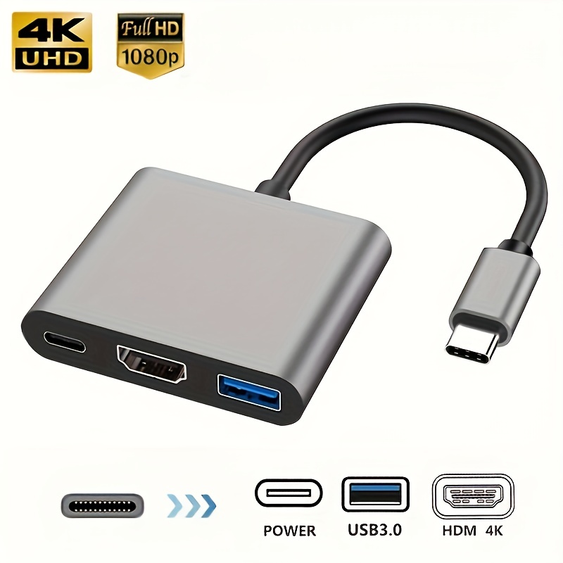 Adaptador USB C a HDMI, adaptador USB tipo C convertidor AV multipuerto con  salida HDMI 4K, puerto USB 3.0 y puerto de carga USB-C compatible con