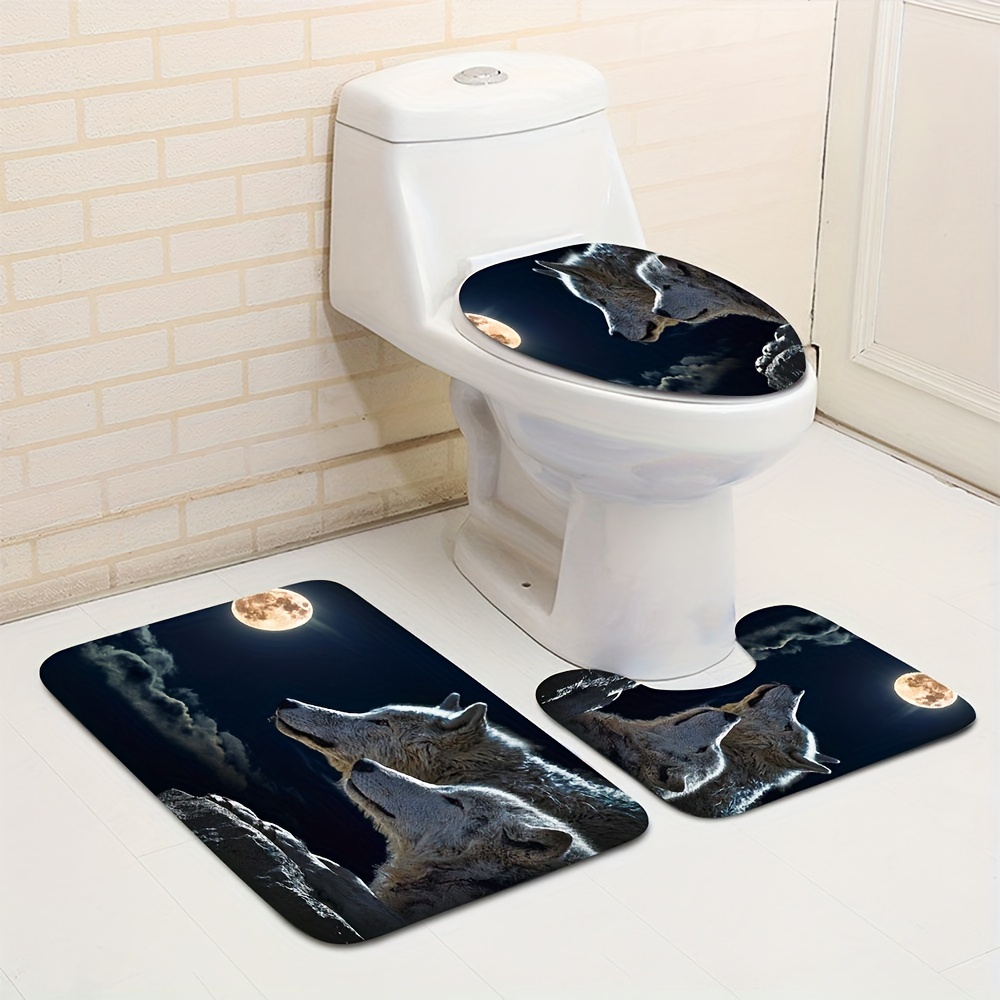 4/3/1 Pcs Bathroom Decor Full Moon Night of Wolf Cool Bathroom Set  Waterproof Shower Curtain Non-Slip Toilet Mat Rugs Set