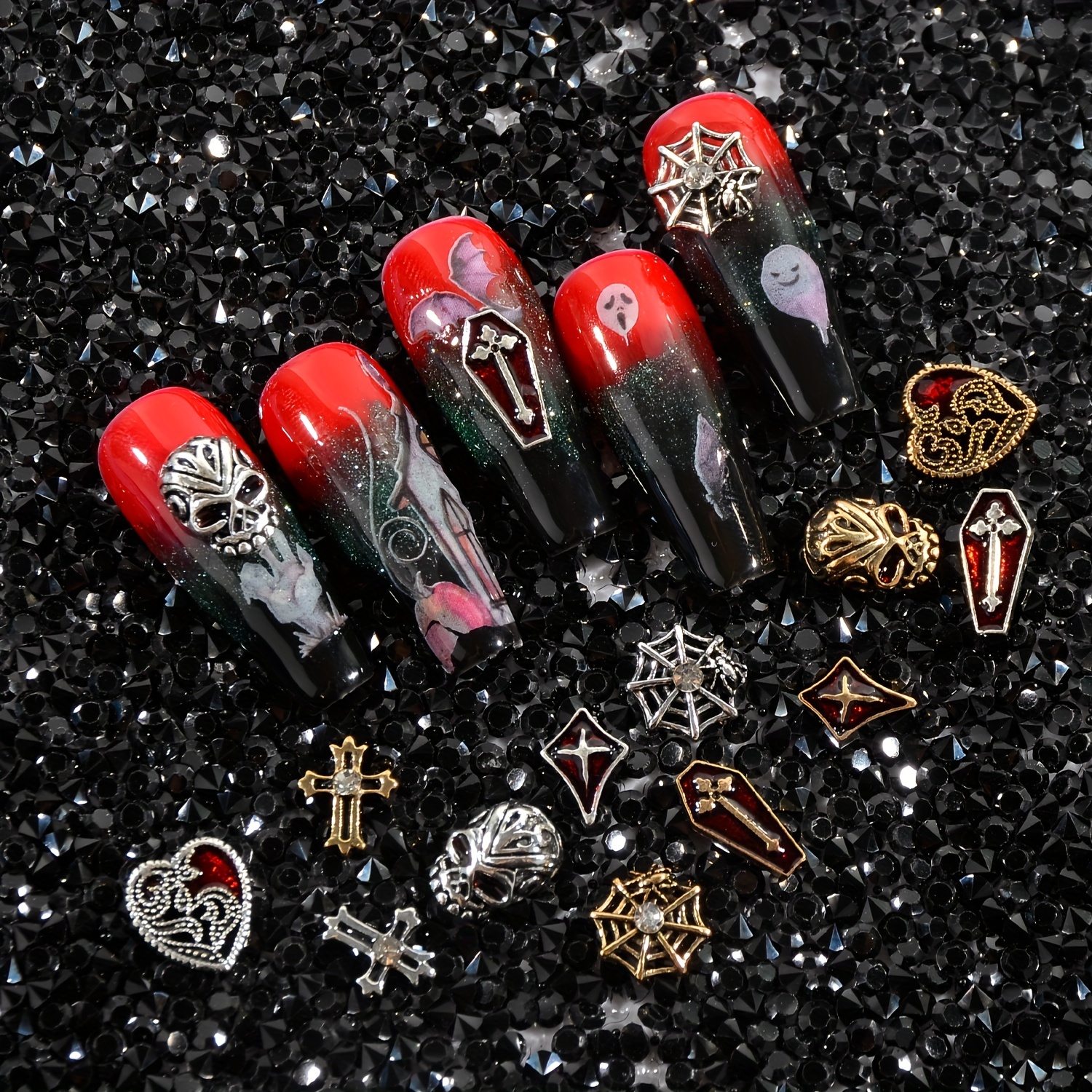 60pcs,Halloween Nail Art Charms Kit,3D Alloy Skull Cross Coffin Spider  Design Nail Gem Art Jewelry DIY Nail Salons-Punk Style