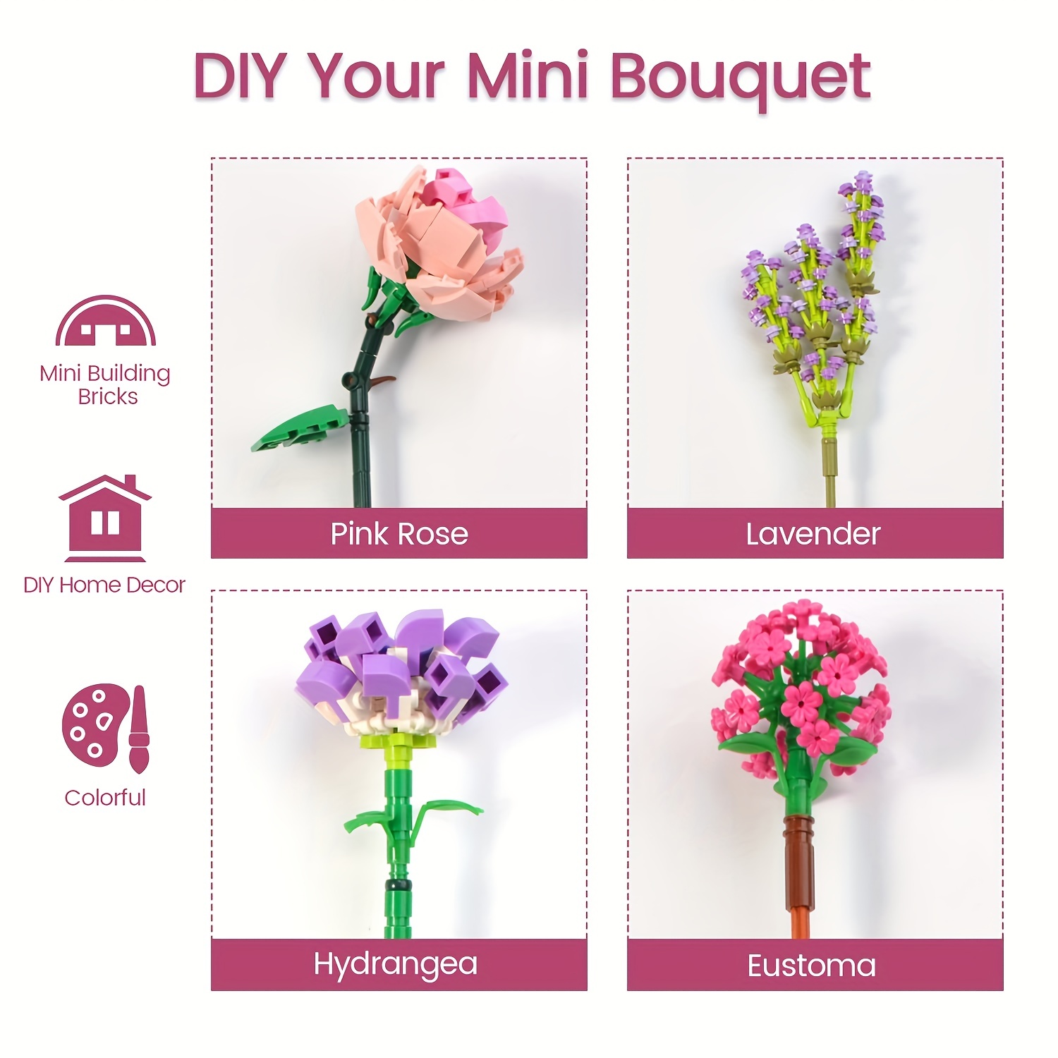  Flower Bouquet Building Kit, Not Compatible with Lego Flowers  for Adults, Building Blocks Sets Botanical Collection Decoration Toys  Birthday Valentines Gifts for Kids Girls,3 Roses/Lavender/2 Tulip : Home &  Kitchen