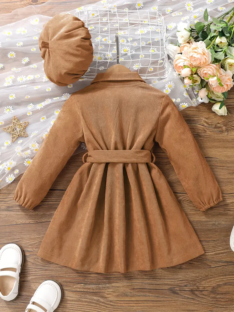 girls casual dress corduroy button front collar neck dresses with belt and hat set trendy kids autumn outfit details 1