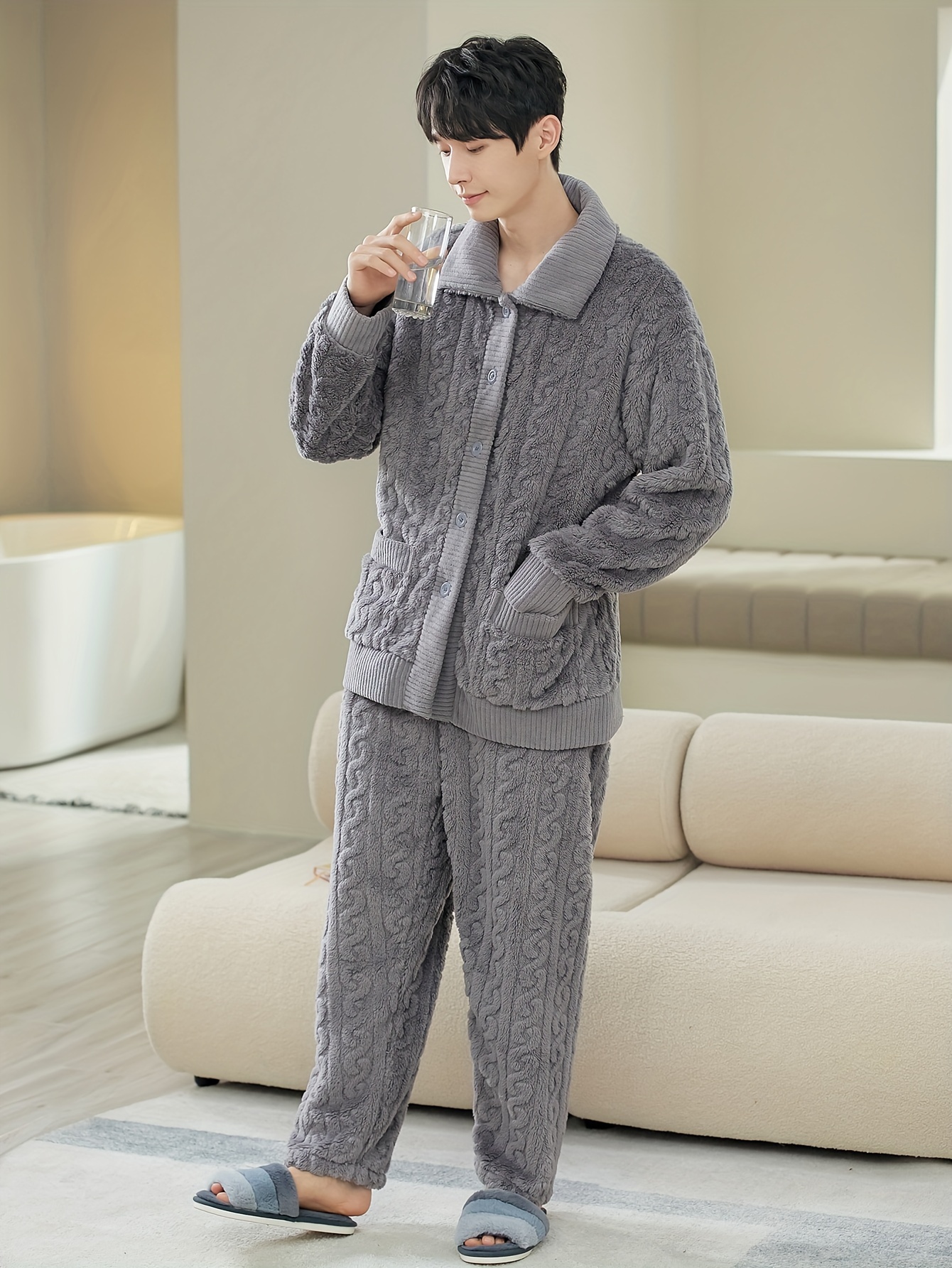 Men's Warm Cozy Fluffy Flannel Fleece Hooded Pajamas Set - Temu