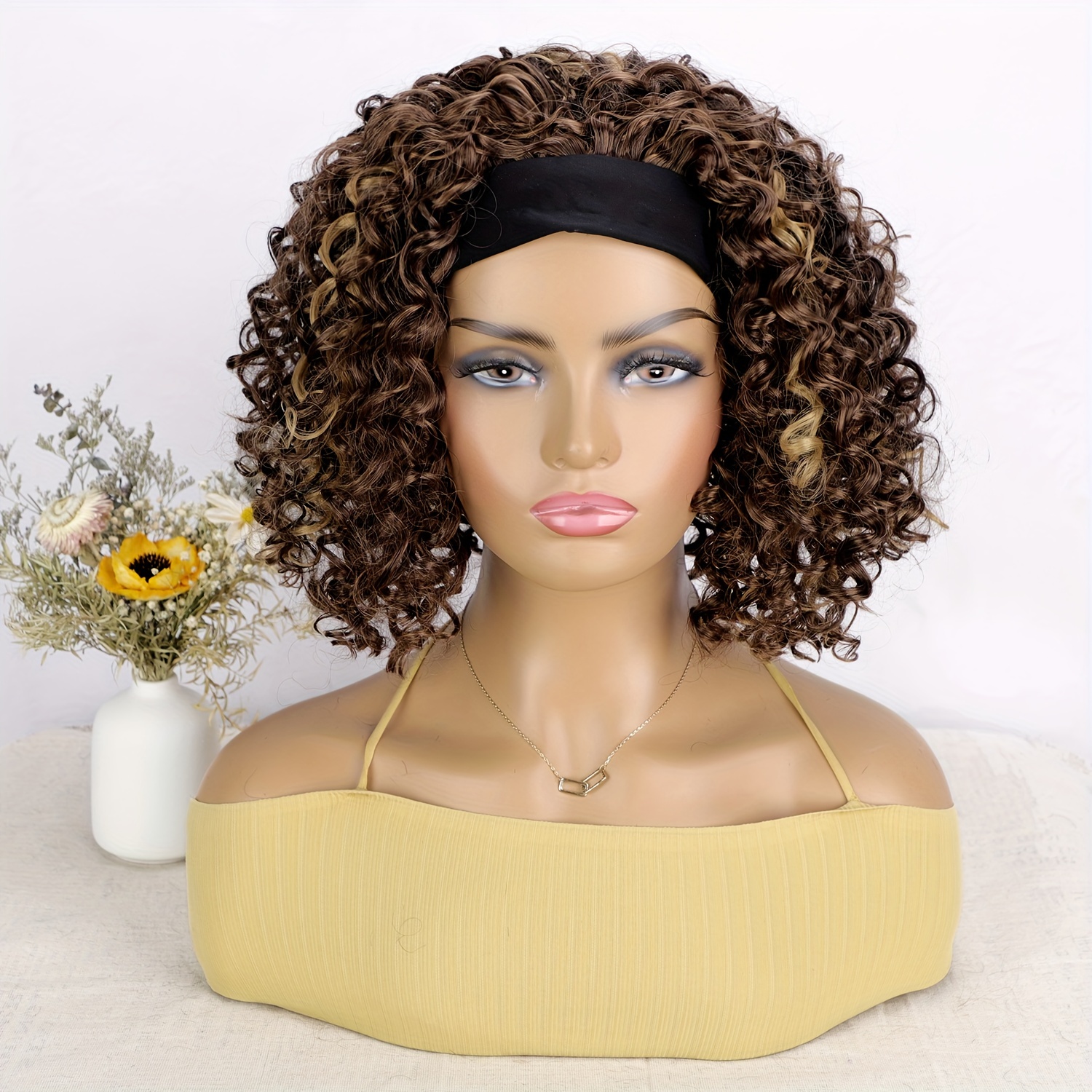 Shoulder Length Curly Wig Headband Wig Deep Wave 12 Inch Synthetic Headband Wig Curly Hair For Women Black Color 12 Inch