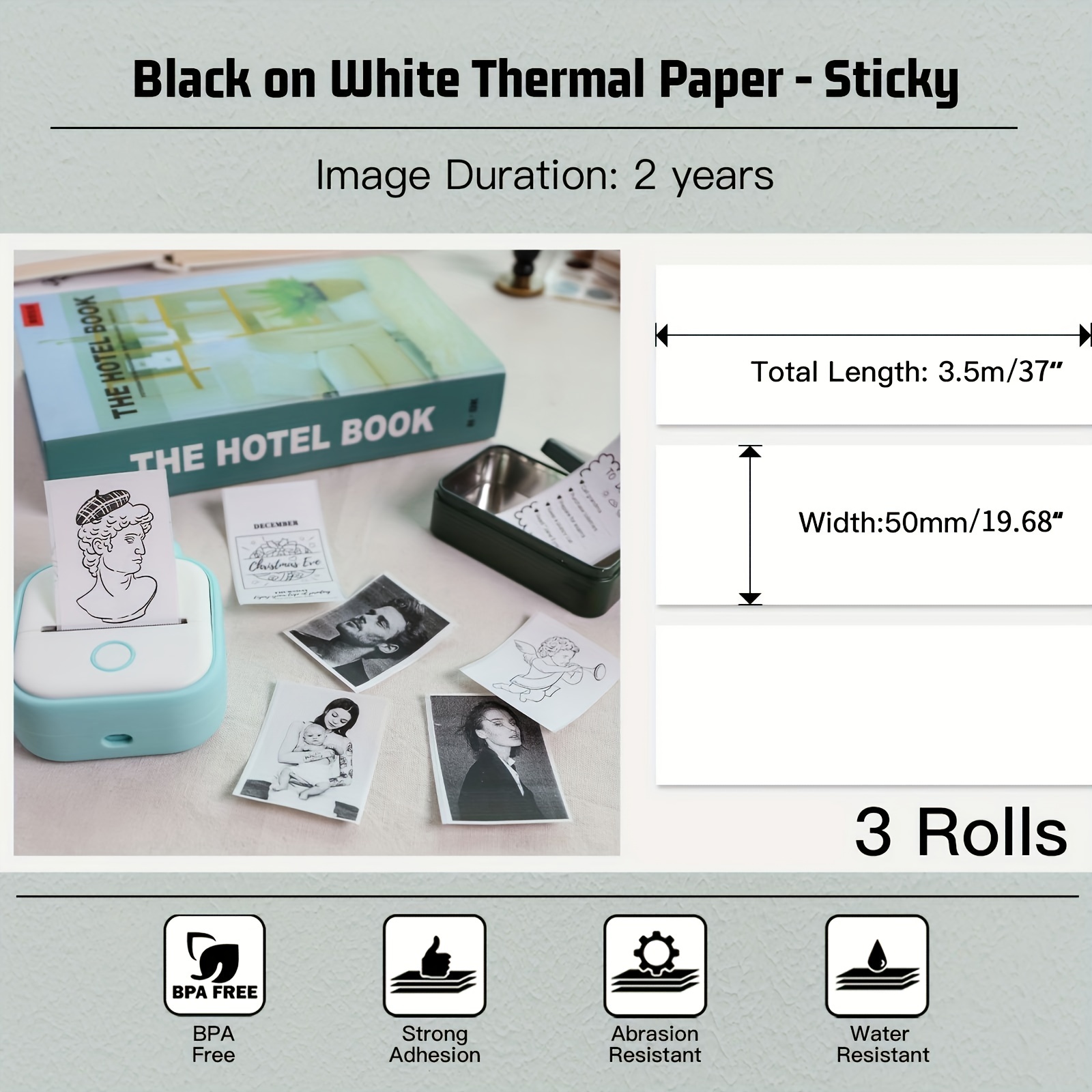 T02 Thermal Mini Sticker Printer Paper, White Self-Adhesive Paper, Black on White Paper for Journal, Photo, to Do List, 50mm x 3.5M, 3 Rolls, Keep