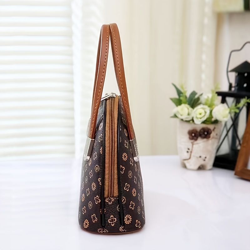 Vintage Geometric Print Dome Bag, Retro Pu Top Handle Satchel, Women's  Classic Handbag & Purse - Temu