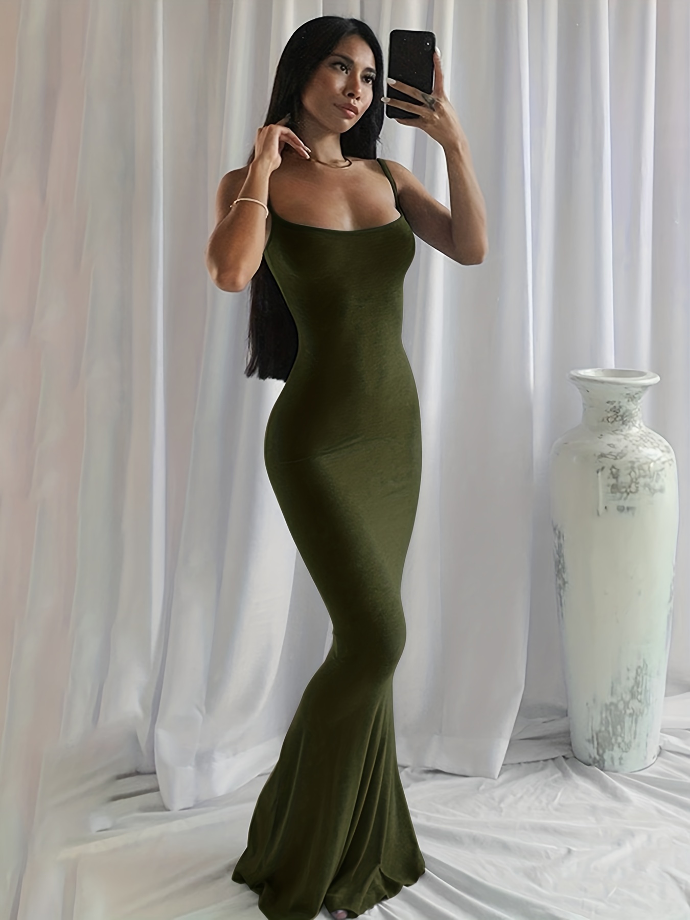 Olive green outlet spaghetti strap dress