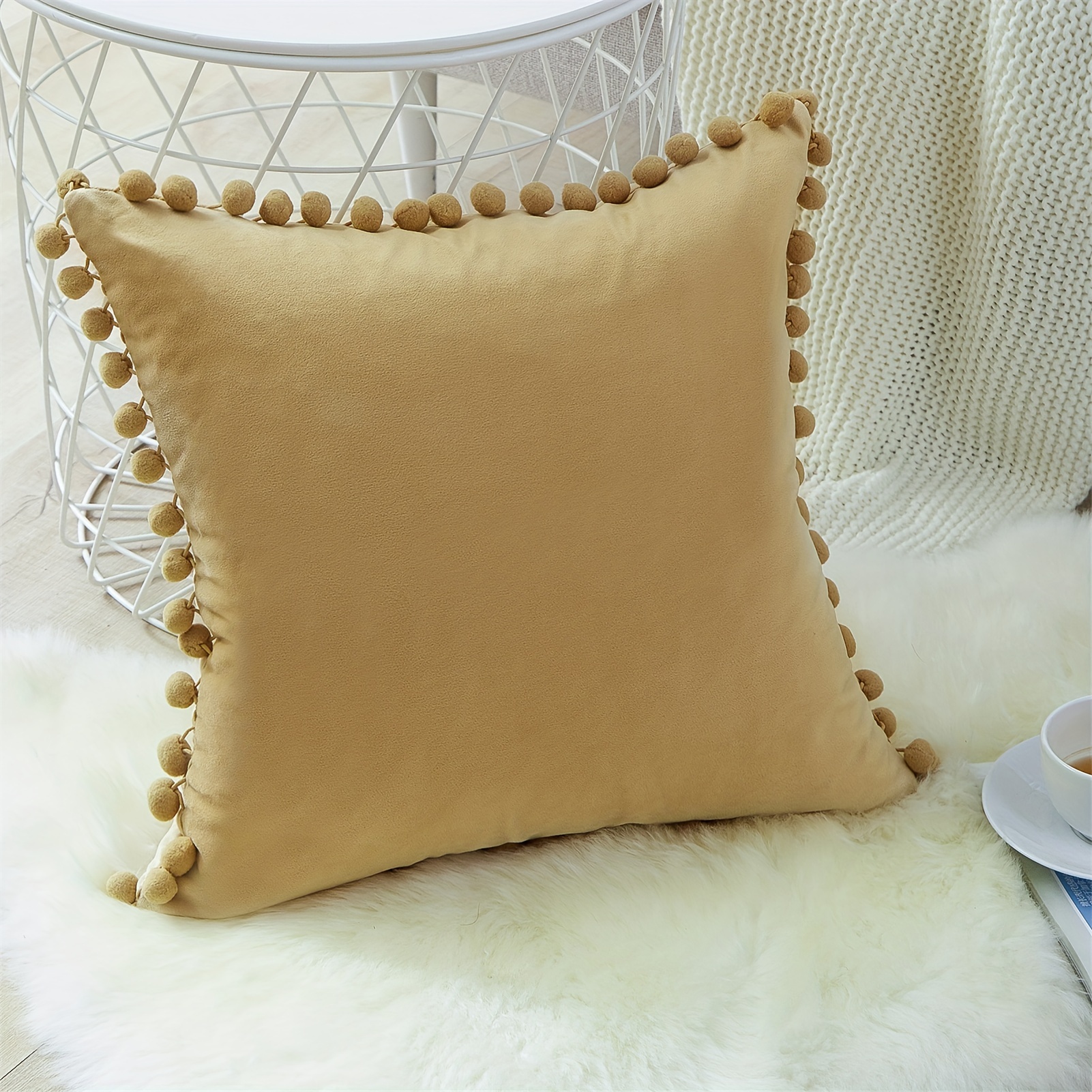 Topfinel Square Solid Color Throw Pillow Cover, Decorative Throw Pillow Covers for Couch Bed Soft Particles Velvet Solid Cushion Covers with Pom-Poms