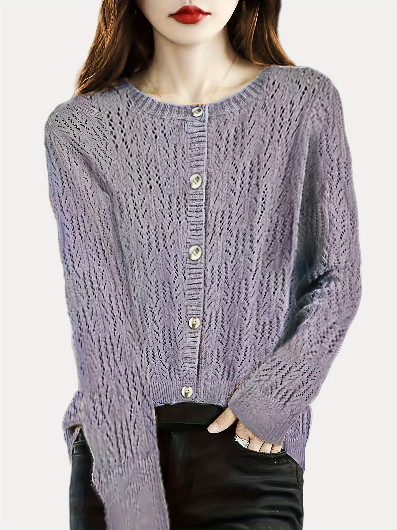 Solid Button Pointelle Knit Cardigan Casual Long Sleeve - Temu
