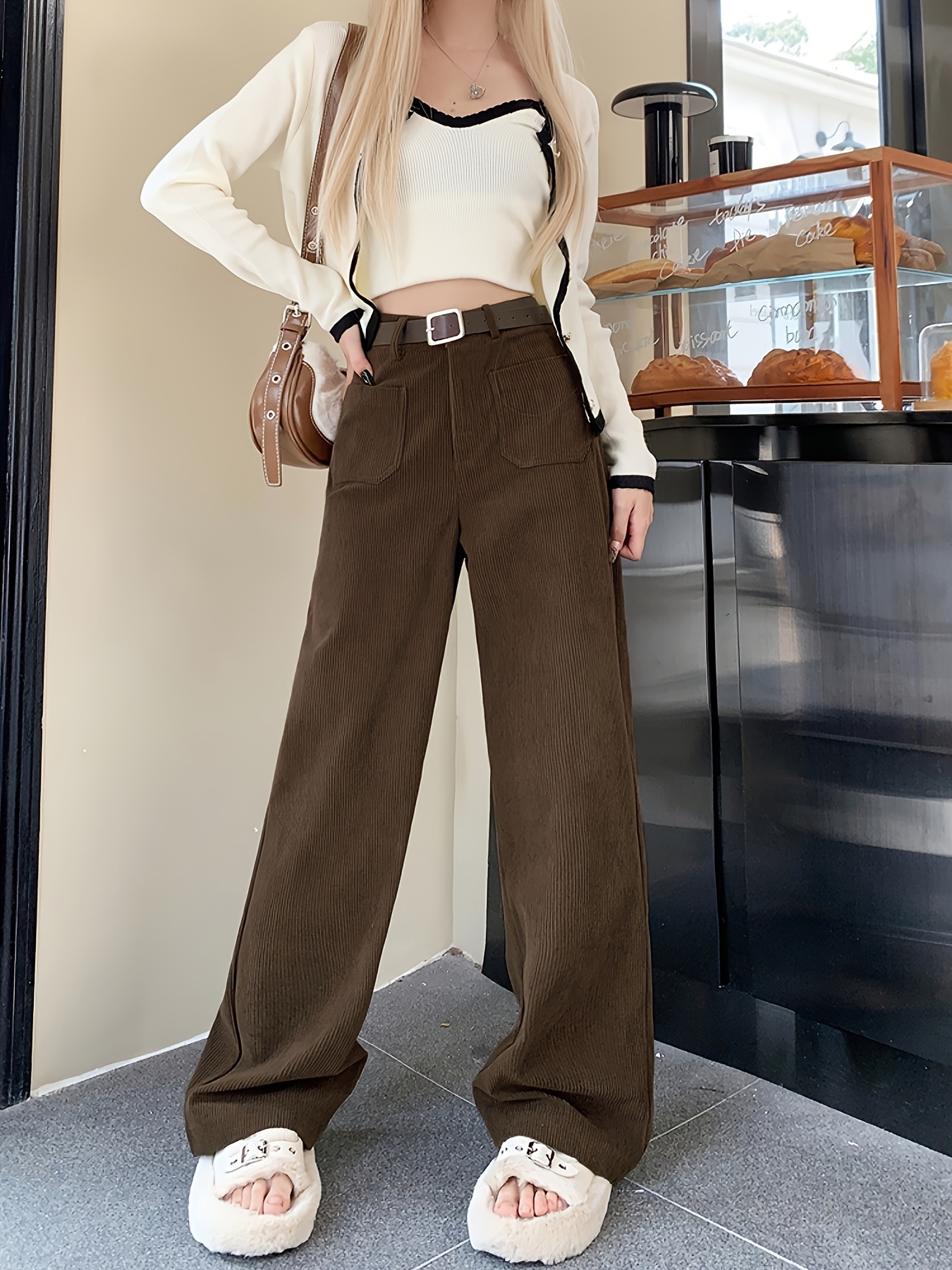 Solid Button High Waist Corduroy Pants Elegant Slim Stylish - Temu