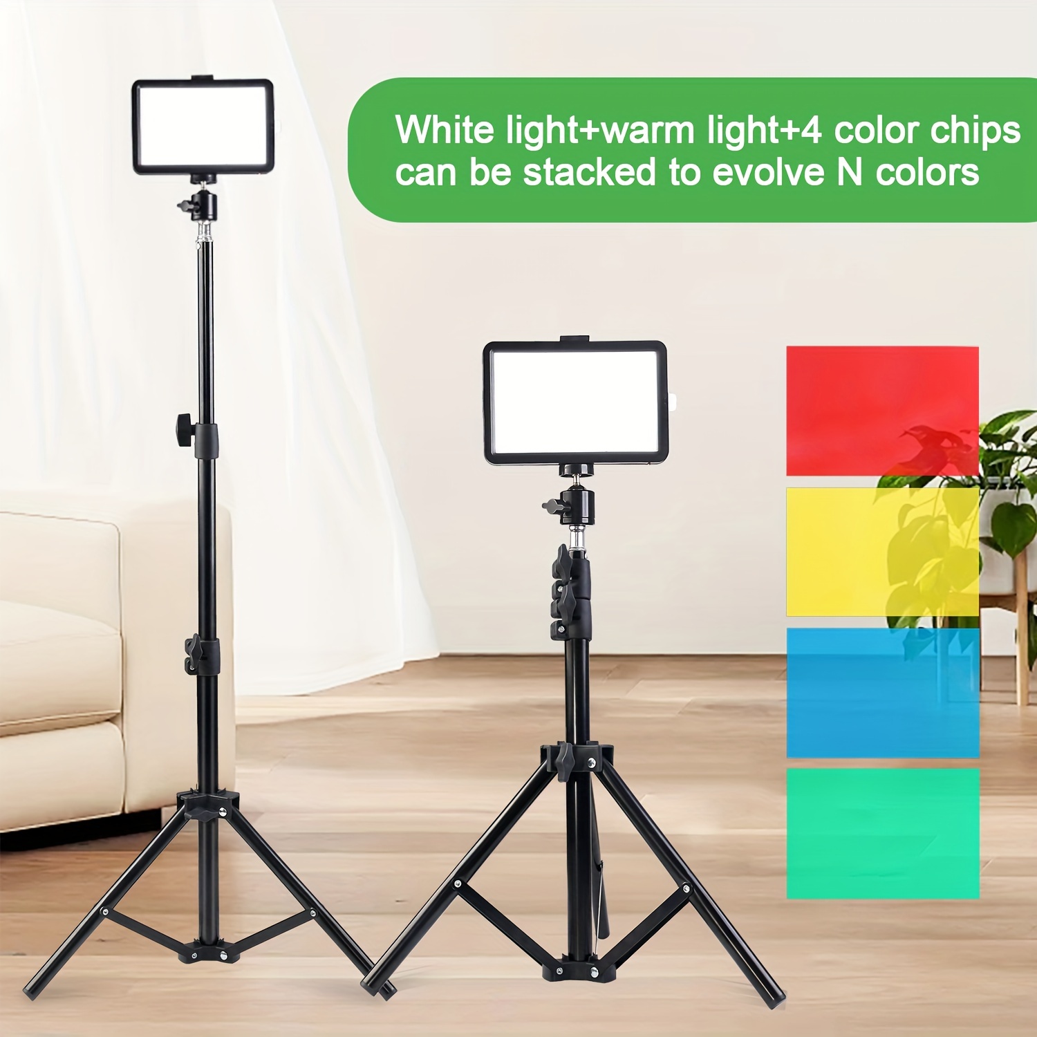 Kit de luz de video LED para cámara, regulable de 10000 K, paquete de 2  luces de fotografía con soporte de trípode ajustable, filtros de 9 colores