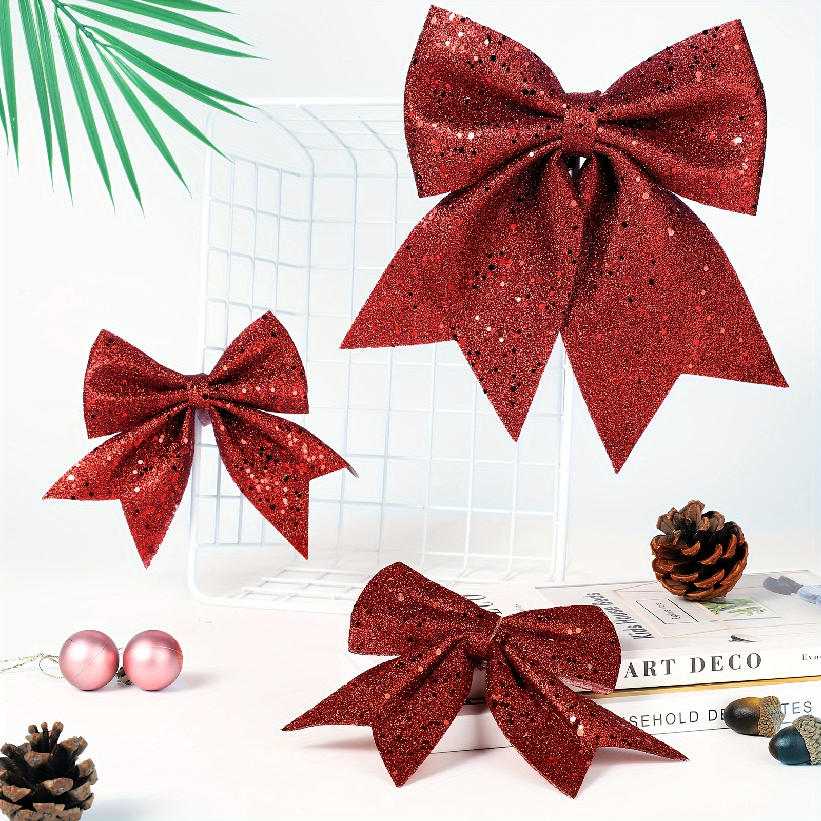 6pcs Christmas Red Gift Bow Presents Wreaths Wrapping Gift Wrap Decoration  