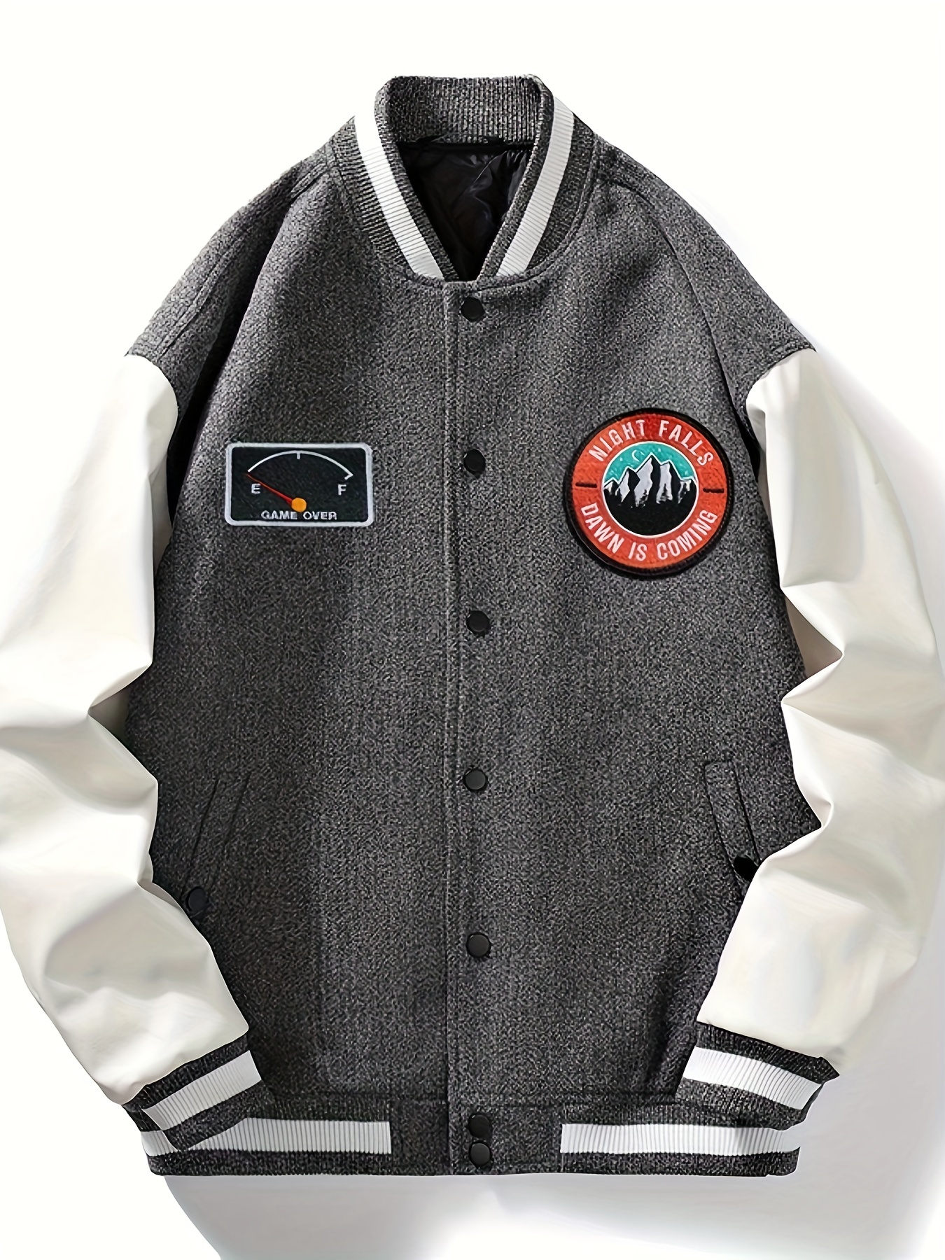 Warm Fleece Embroidery Varsity Jacket, Men's Casual Color Block