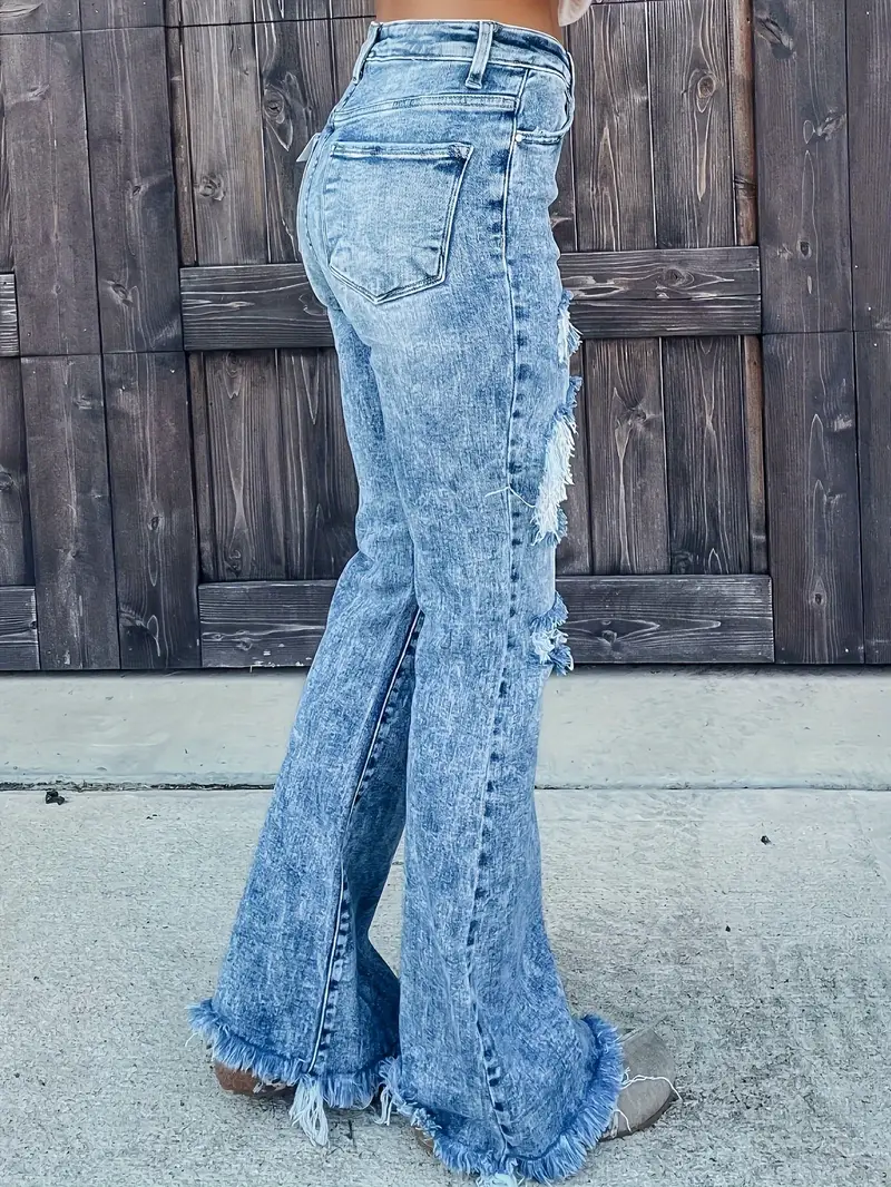 Blue Frayed Trim Flare Jeans Bell Bottom Distressed High - Temu Germany