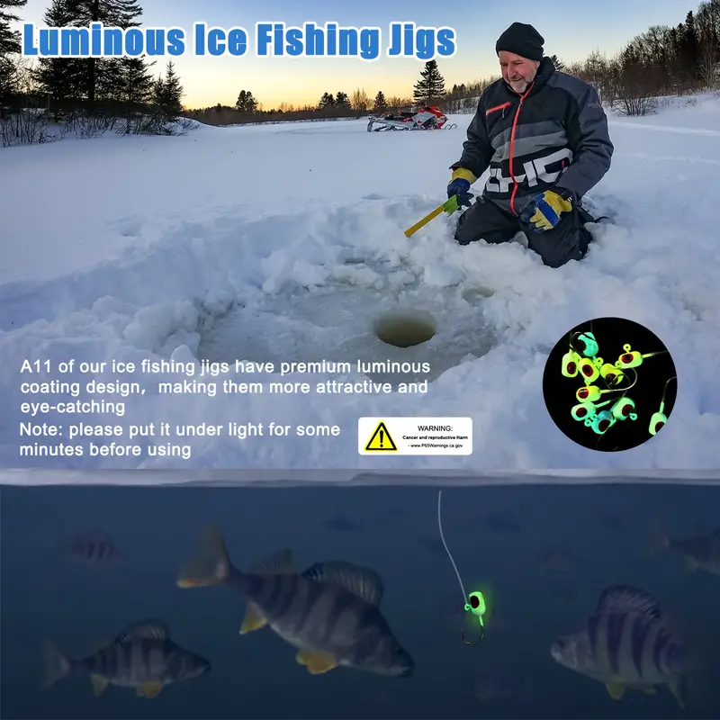 Glowing Ice Fishing Jigs Kit Walleye Perch Panfish Crappie - Temu